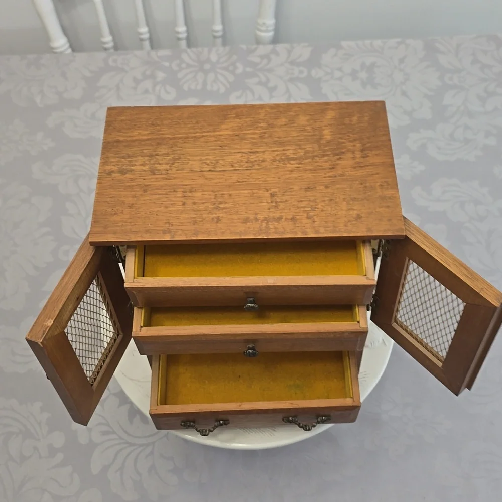 Vintage Mid Century Wood Music Jewelry Box 4 Drawers Mesh Wire Door Metal Pulls